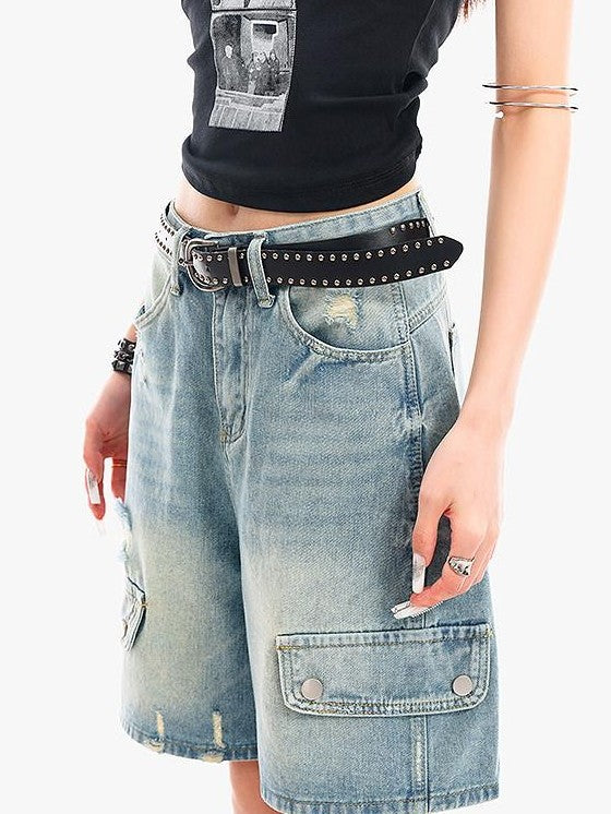 QIUQIU STUDIO Vintage Washed Distressed Ripped Wide Leg Women&