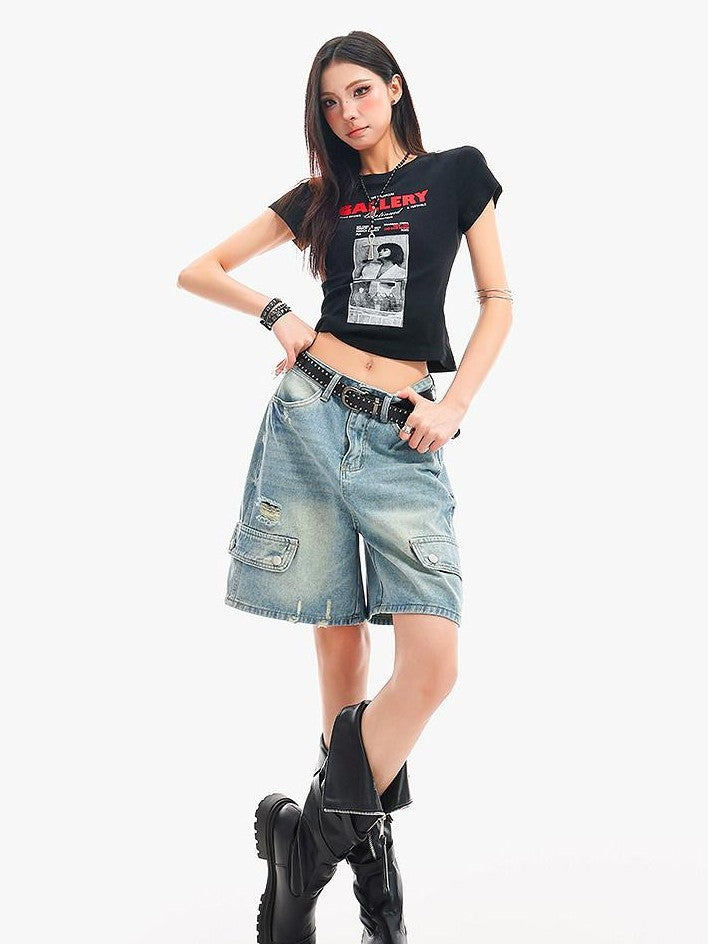 QIUQIU STUDIO Vintage Washed Distressed Ripped Wide Leg Women&