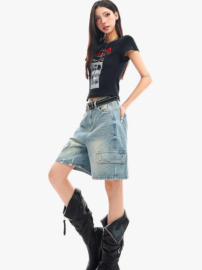 QIUQIU STUDIO Vintage Washed Distressed Ripped Wide Leg Women&