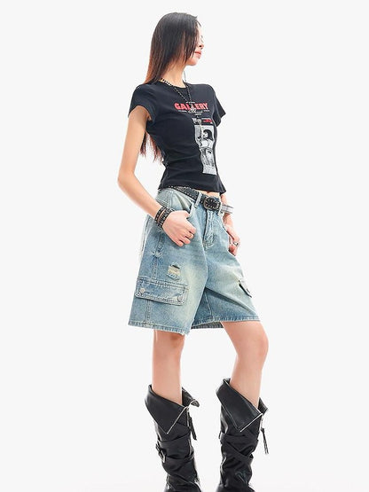 QIUQIU STUDIO Vintage Washed Distressed Ripped Wide Leg Women&