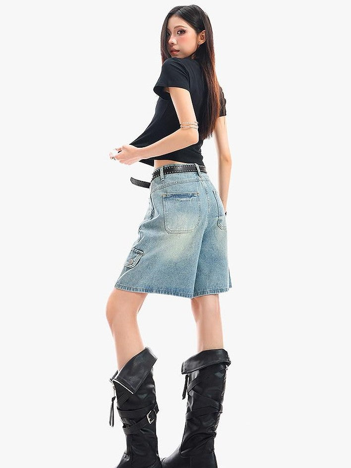 QIUQIU STUDIO Vintage Washed Distressed Ripped Wide Leg Women&