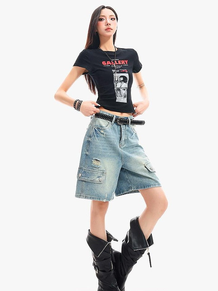 QIUQIU STUDIO Vintage Washed Distressed Ripped Wide Leg Women&