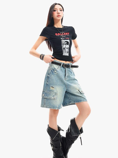QIUQIU STUDIO Vintage Washed Distressed Ripped Wide Leg Women&