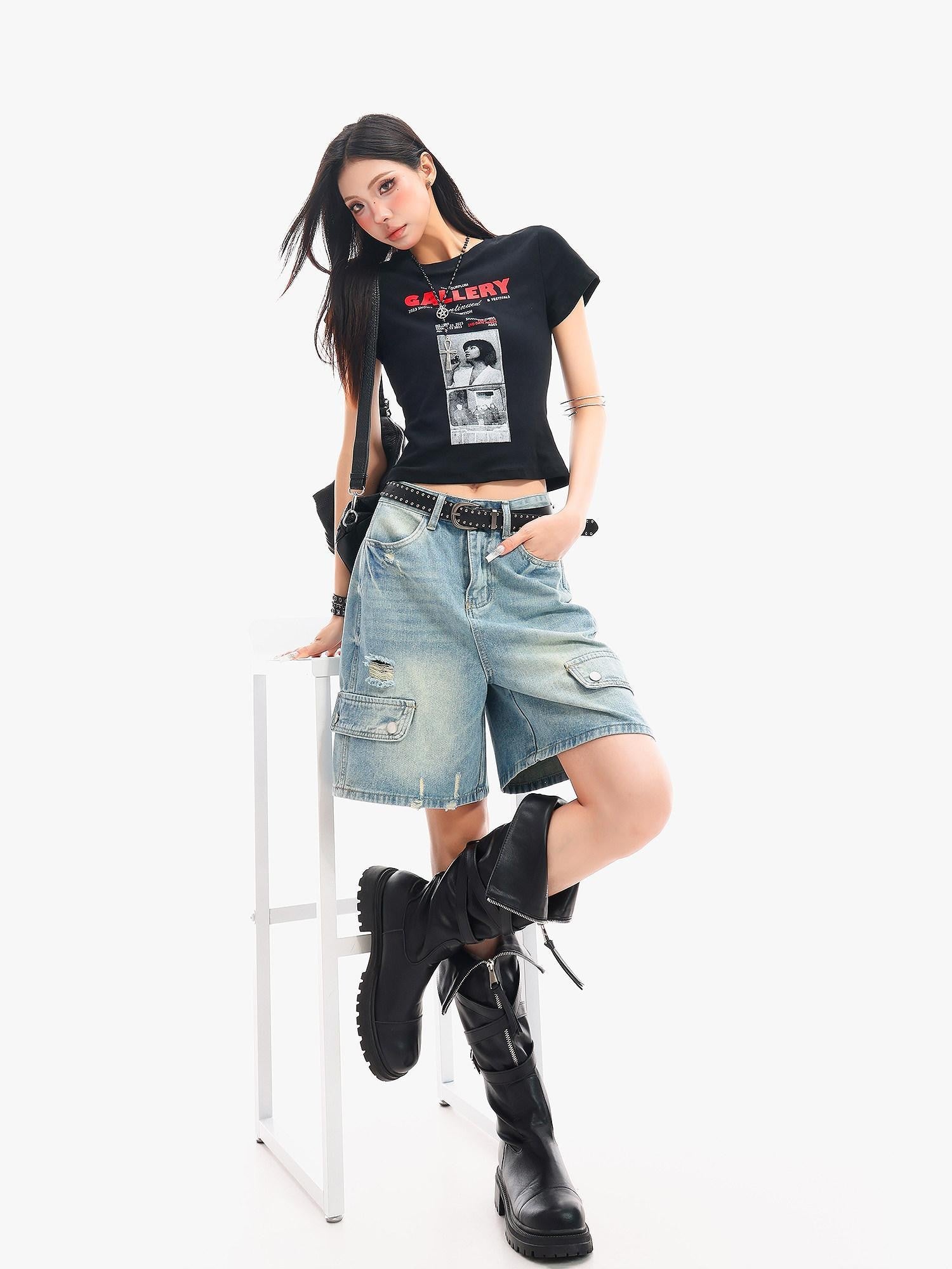 QIUQIU STUDIO Vintage Washed Distressed Ripped Wide Leg Women&
