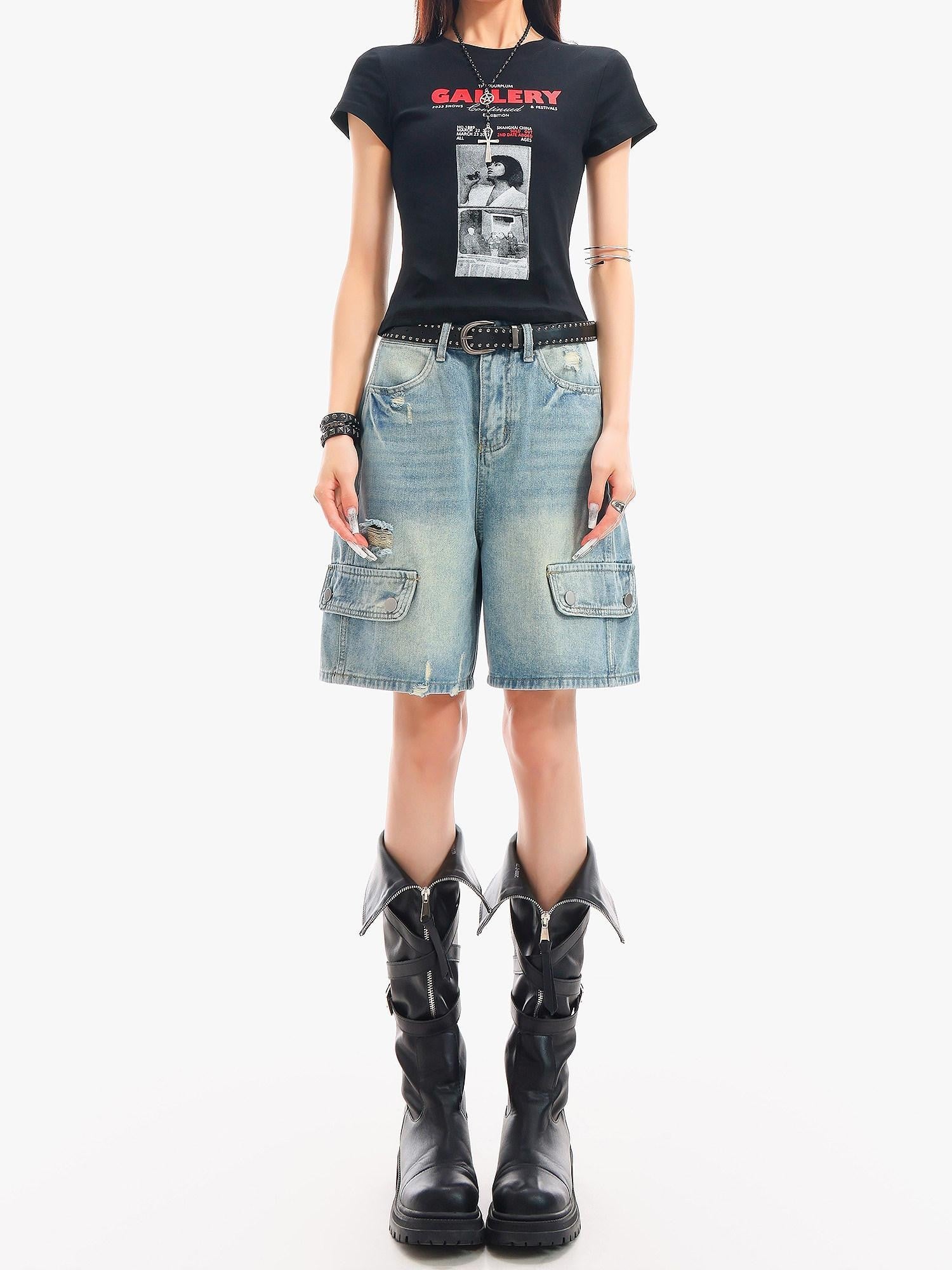 QIUQIU STUDIO Vintage Washed Distressed Ripped Wide Leg Women&