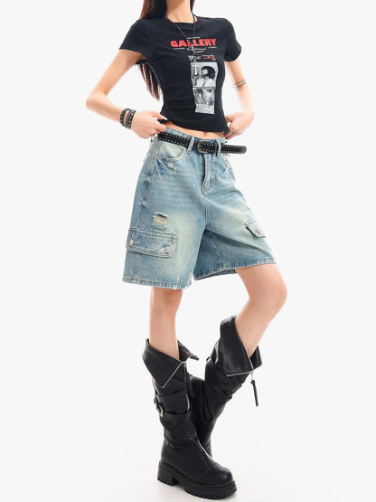 QIUQIU STUDIO Vintage Washed Distressed Ripped Wide Leg Women&