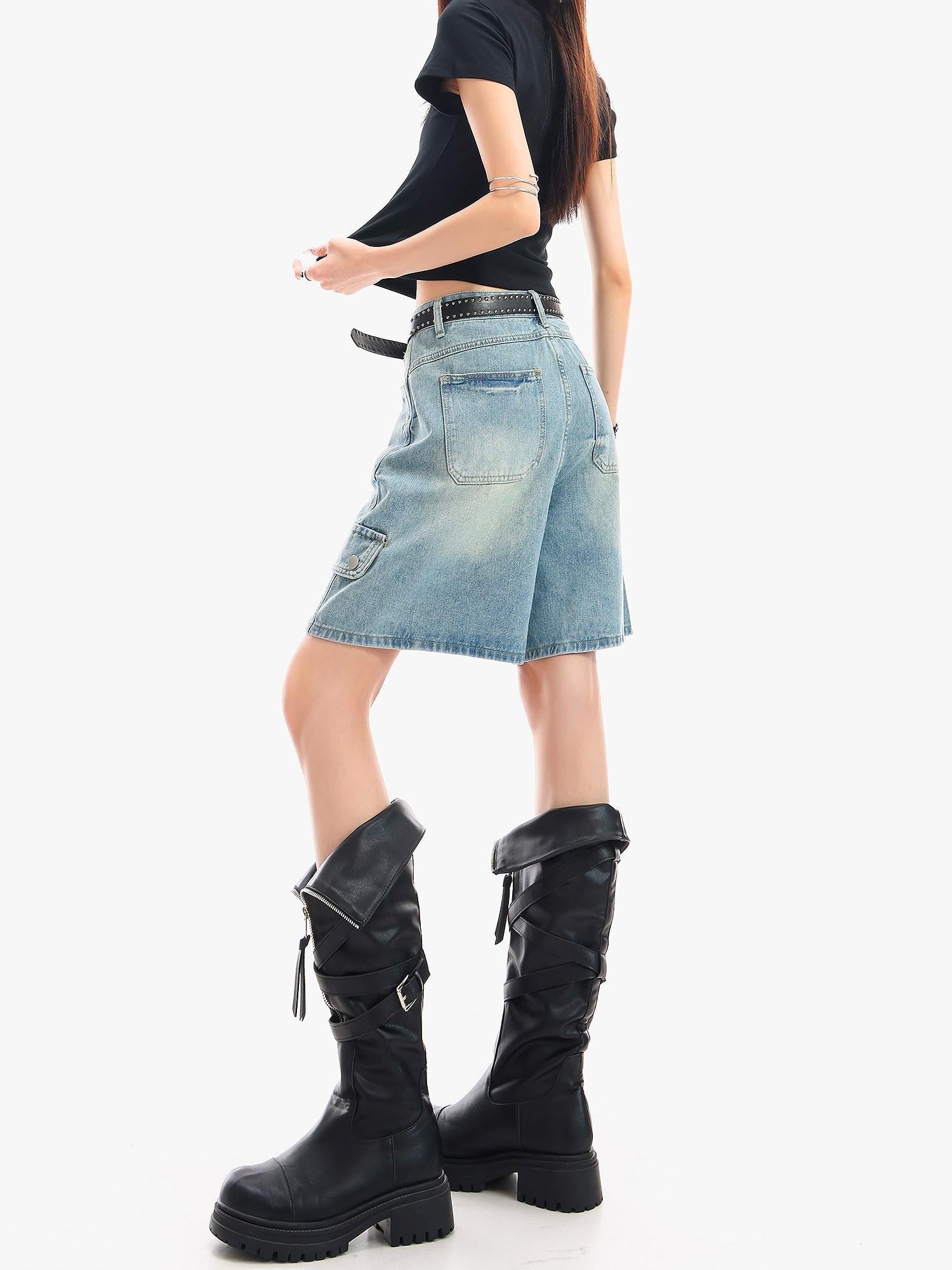 QIUQIU STUDIO Vintage Washed Distressed Ripped Wide Leg Women&