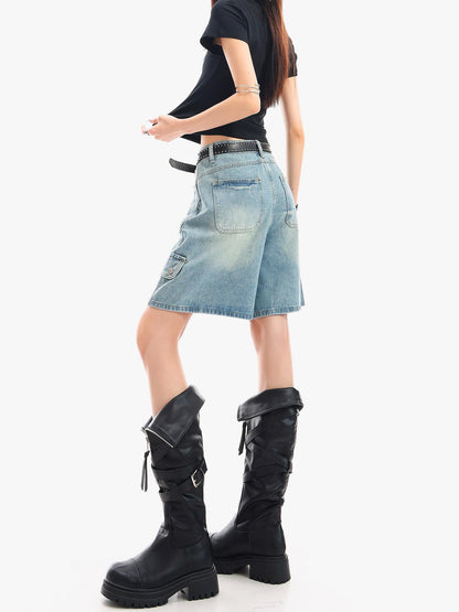 QIUQIU STUDIO Vintage Washed Distressed Ripped Wide Leg Women&