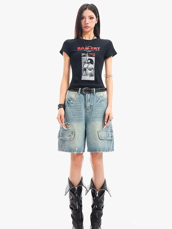 QIUQIU STUDIO Vintage Washed Distressed Ripped Wide Leg Women&