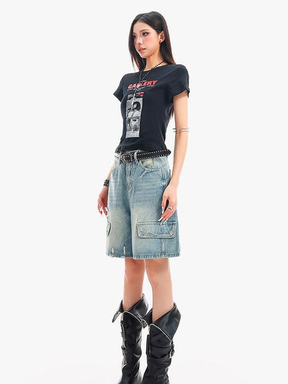 QIUQIU STUDIO Vintage Washed Distressed Ripped Wide Leg Women&