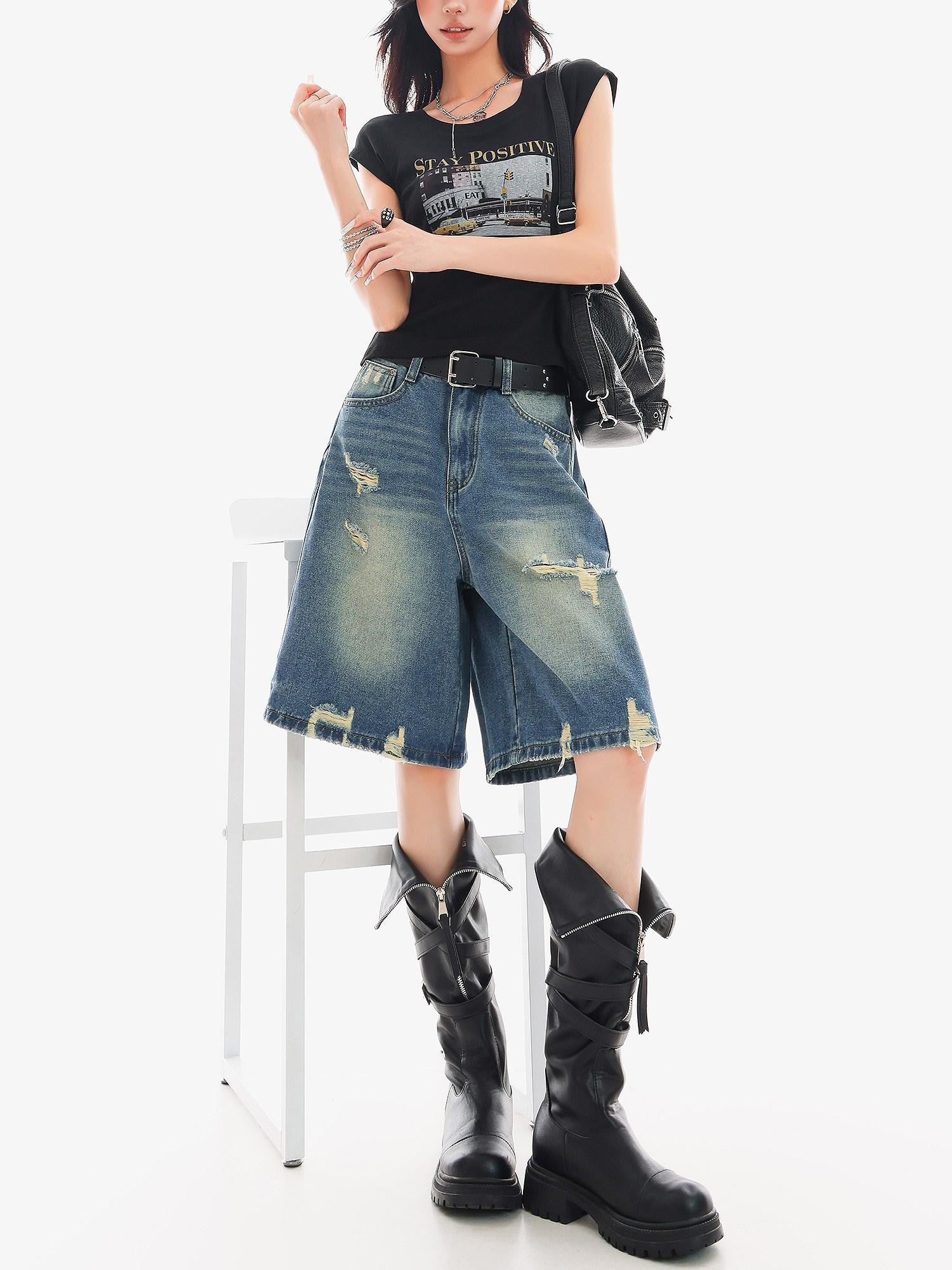 QIUQIU STUDIO Vintage Washed Distressed Tassel Ripped Women&