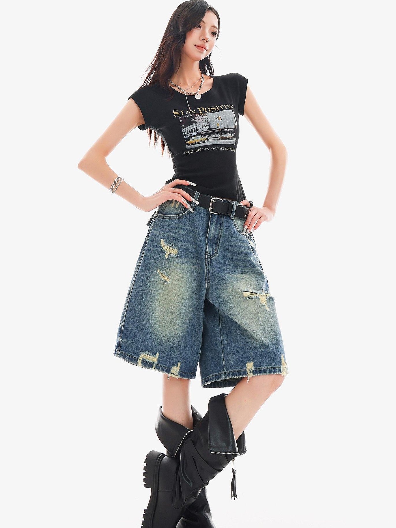 QIUQIU STUDIO Vintage Washed Distressed Tassel Ripped Women&