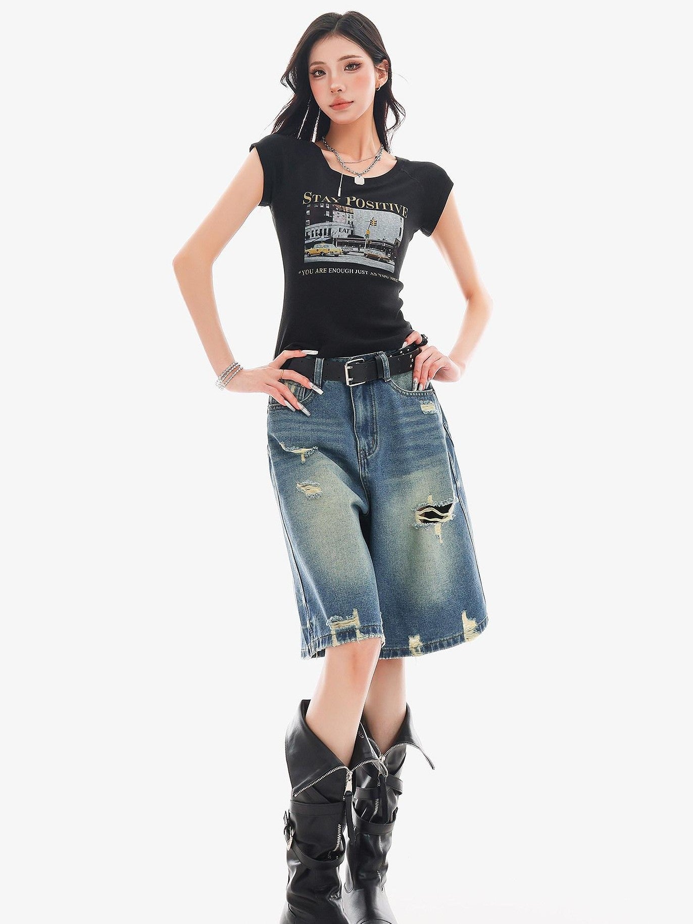 QIUQIU STUDIO Vintage Washed Distressed Tassel Ripped Women&