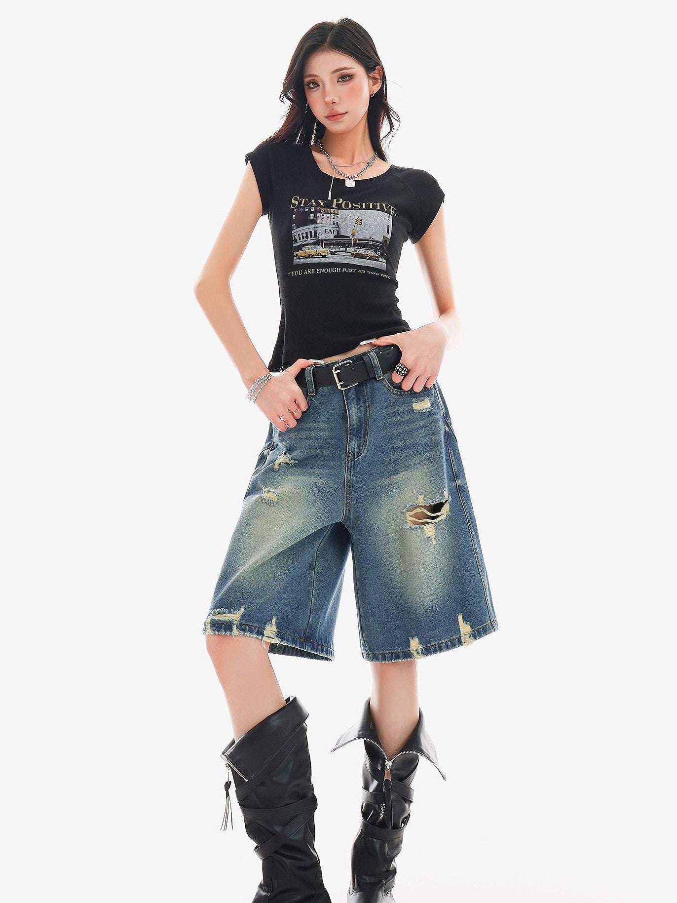 QIUQIU STUDIO Vintage Washed Distressed Tassel Ripped Women&