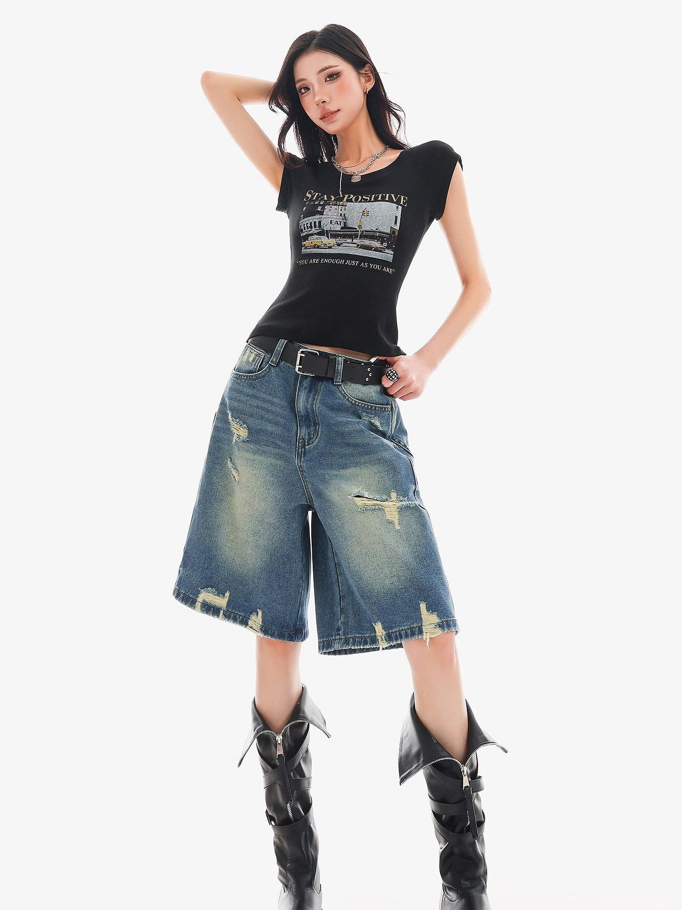 QIUQIU STUDIO Vintage Washed Distressed Tassel Ripped Women&