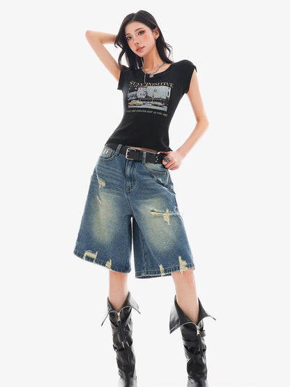 QIUQIU STUDIO Vintage Washed Distressed Tassel Ripped Women&