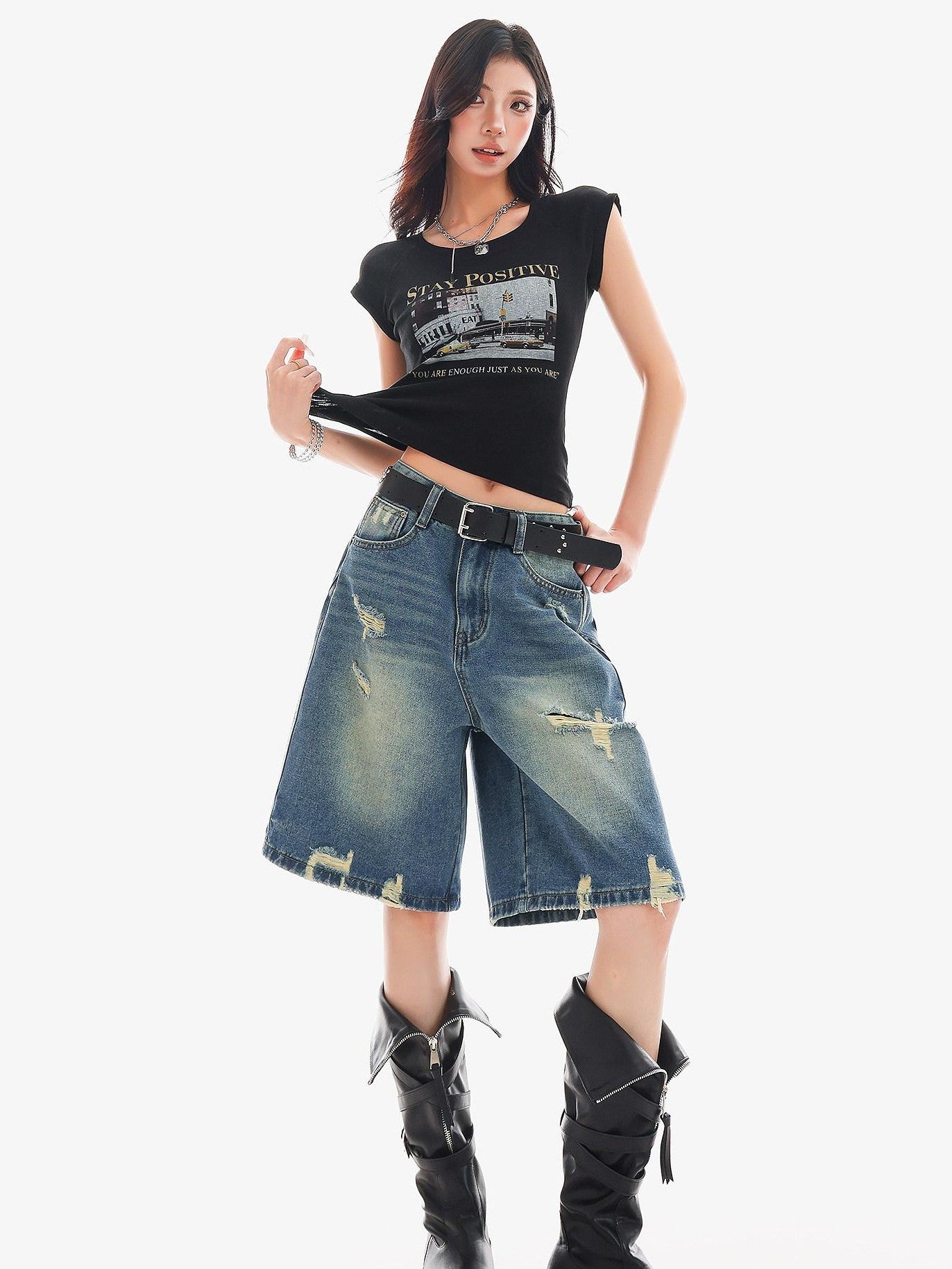 QIUQIU STUDIO Vintage Washed Distressed Tassel Ripped Women&