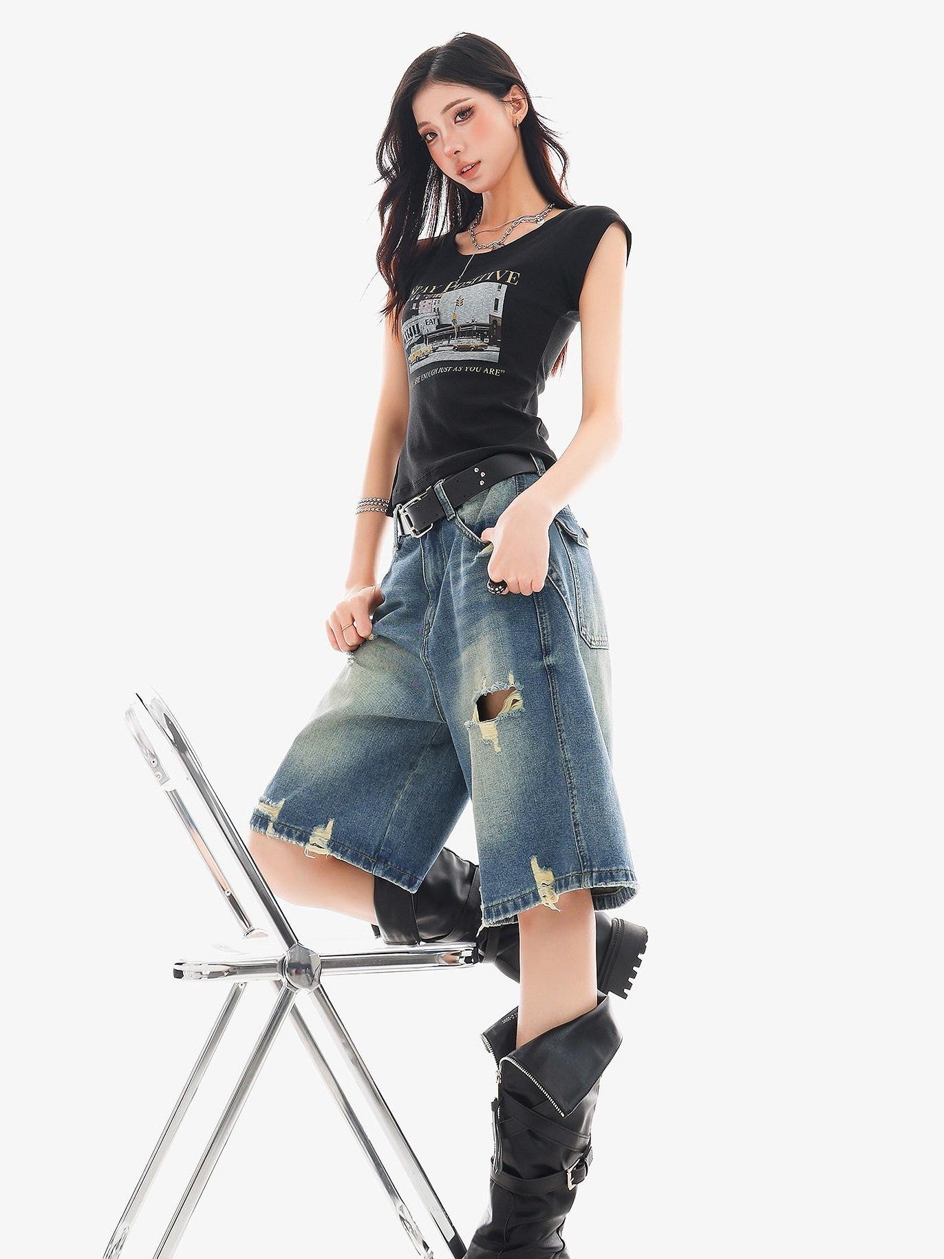 QIUQIU STUDIO Vintage Washed Distressed Tassel Ripped Women&