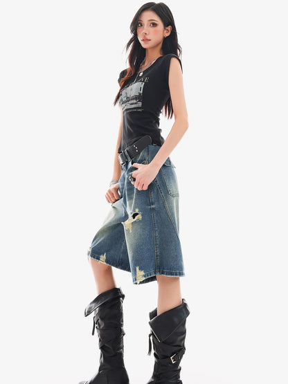 QIUQIU STUDIO Vintage Washed Distressed Tassel Ripped Women&