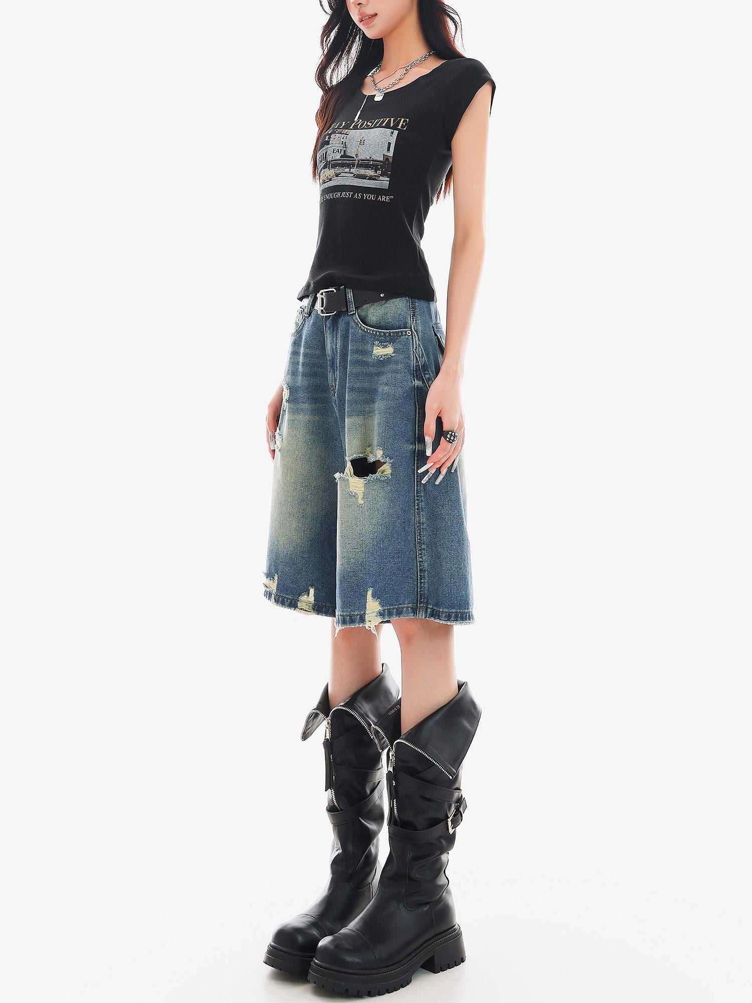 QIUQIU STUDIO Vintage Washed Distressed Tassel Ripped Women&