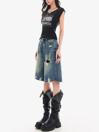 QIUQIU STUDIO Vintage Washed Distressed Tassel Ripped Women&