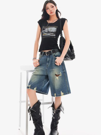 QIUQIU STUDIO Vintage Washed Distressed Tassel Ripped Women&