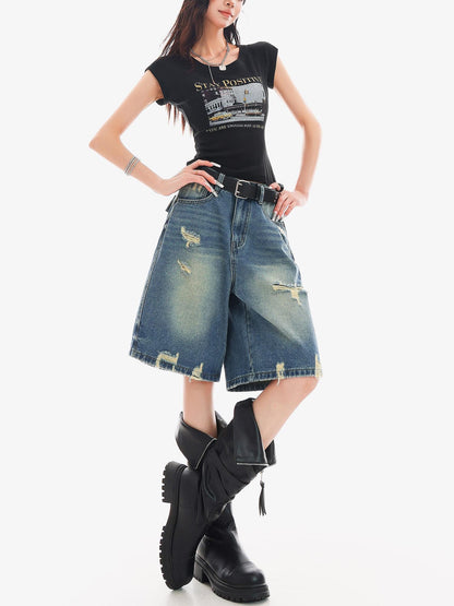 QIUQIU STUDIO Vintage Washed Distressed Tassel Ripped Women&