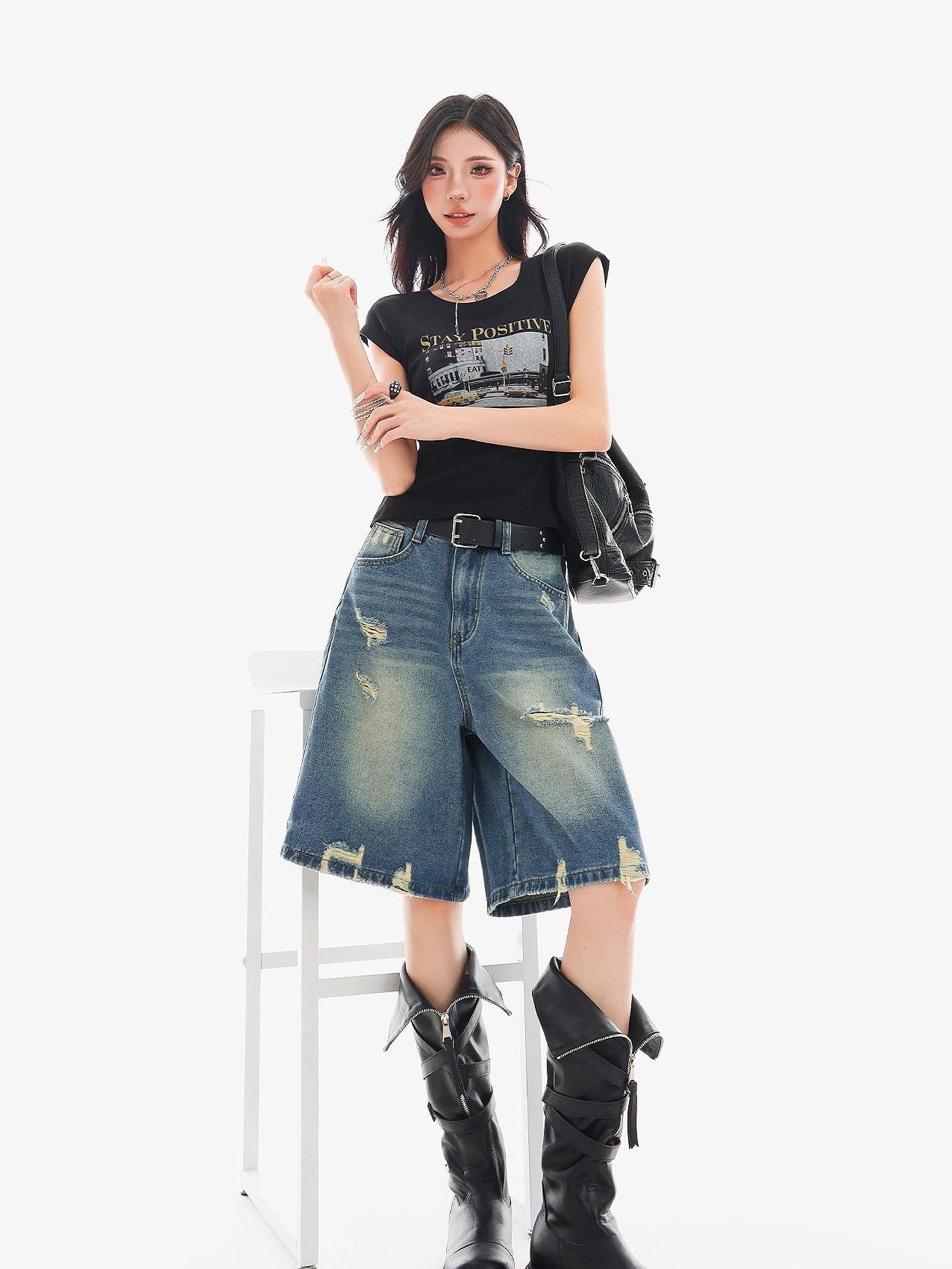 QIUQIU STUDIO Vintage Washed Distressed Tassel Ripped Women&