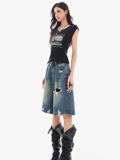 QIUQIU STUDIO Vintage Washed Distressed Tassel Ripped Women&