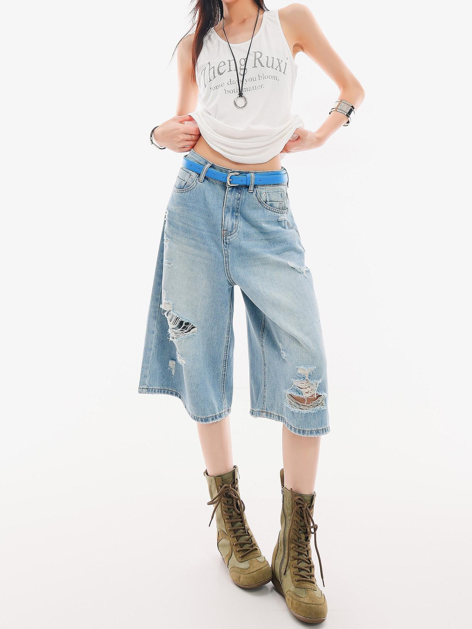 QIUQIU STUDIO Vintage Washed Faded Distressed Fringe Women&