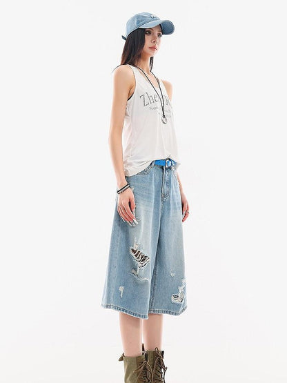 QIUQIU STUDIO Vintage Washed Faded Distressed Fringe Women&