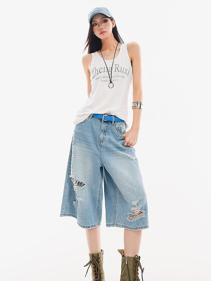 QIUQIU STUDIO Vintage Washed Faded Distressed Fringe Women&