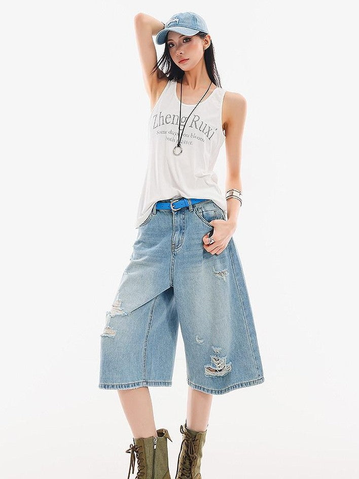 QIUQIU STUDIO Vintage Washed Faded Distressed Fringe Women&