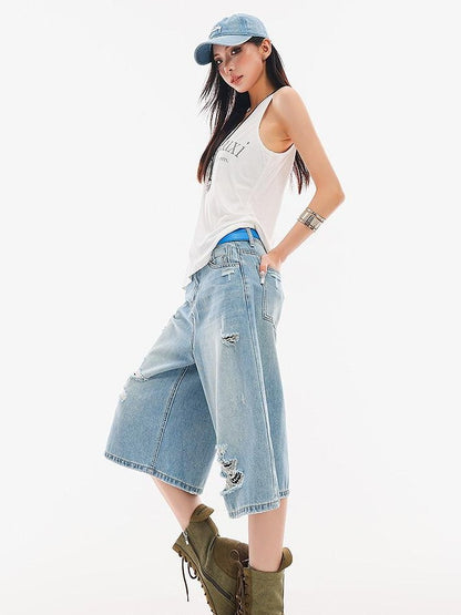 QIUQIU STUDIO Vintage Washed Faded Distressed Fringe Women&