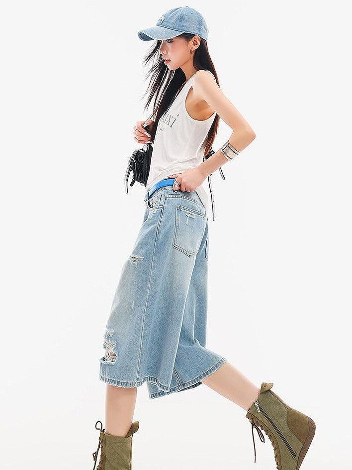 QIUQIU STUDIO Vintage Washed Faded Distressed Fringe Women&