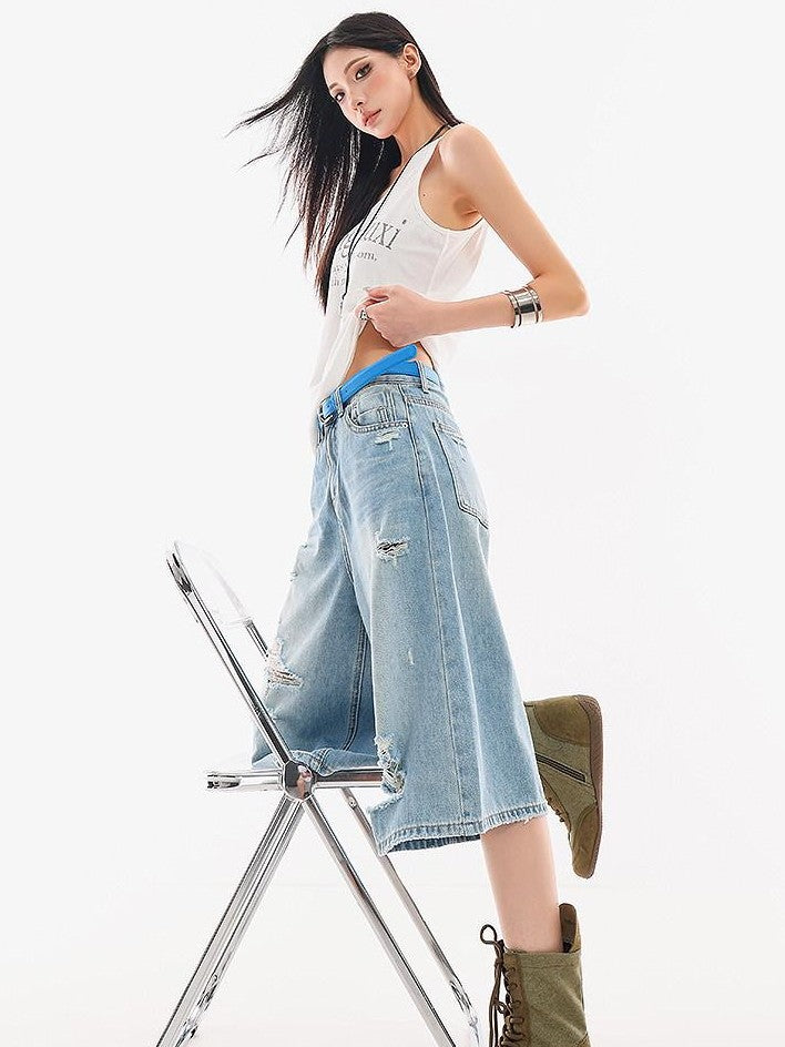 QIUQIU STUDIO Vintage Washed Faded Distressed Fringe Women&