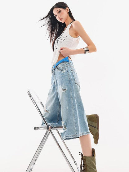 QIUQIU STUDIO Vintage Washed Faded Distressed Fringe Women&