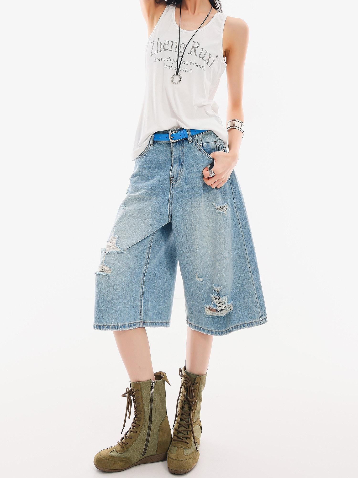 QIUQIU STUDIO Vintage Washed Faded Distressed Fringe Women&