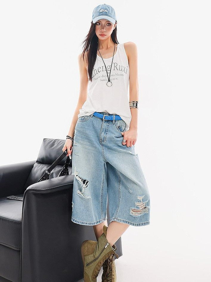 QIUQIU STUDIO Vintage Washed Faded Distressed Fringe Women&