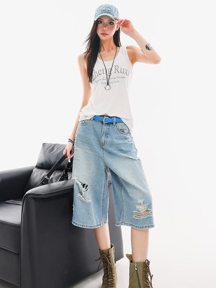 QIUQIU STUDIO Vintage Washed Faded Distressed Fringe Women&