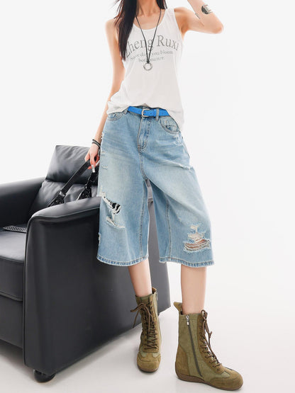QIUQIU STUDIO Vintage Washed Faded Distressed Fringe Women&
