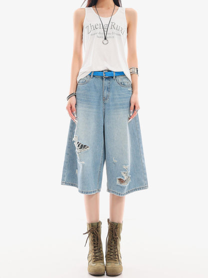 QIUQIU STUDIO Vintage Washed Faded Distressed Fringe Women&