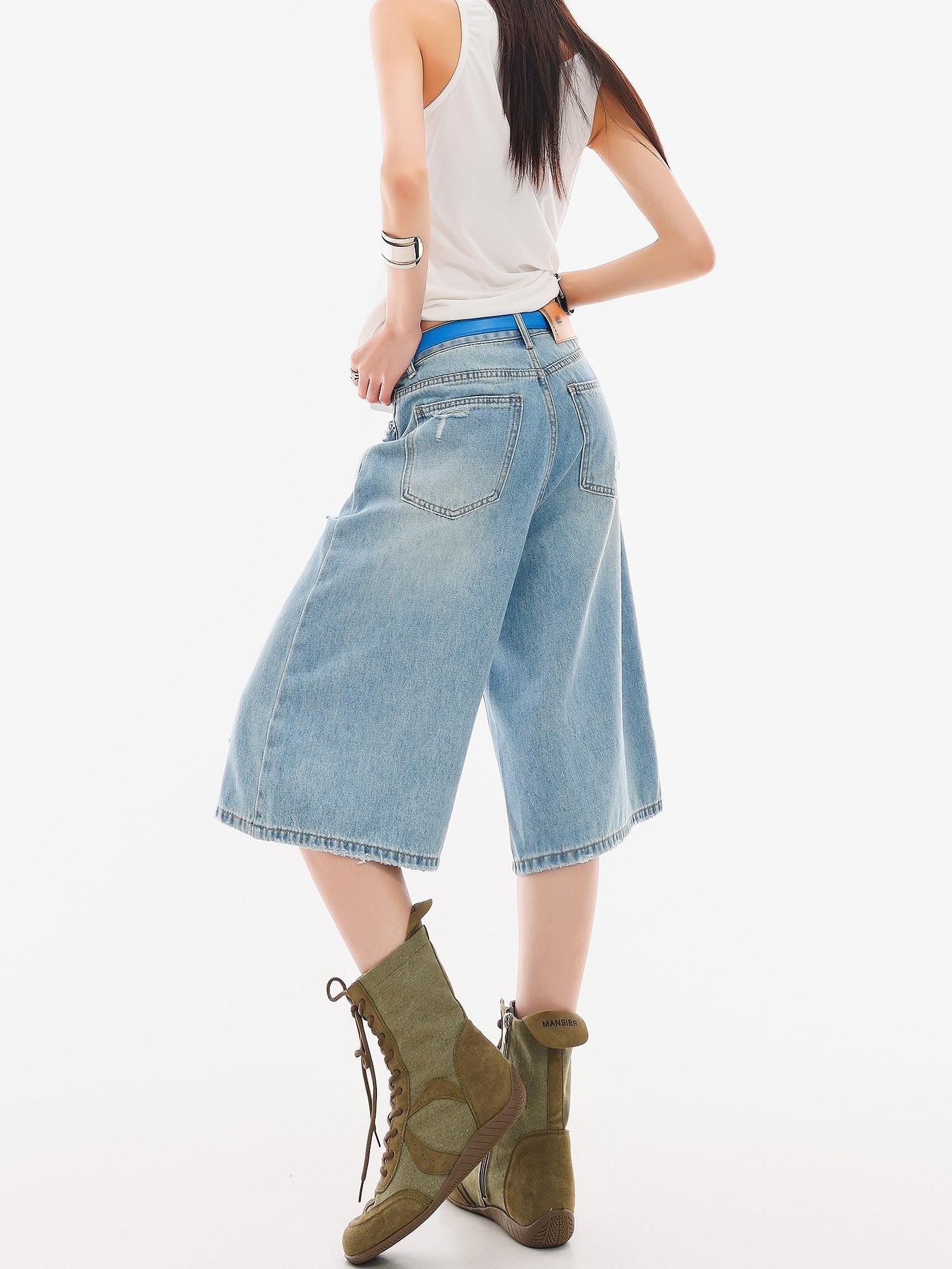QIUQIU STUDIO Vintage Washed Faded Distressed Fringe Women&
