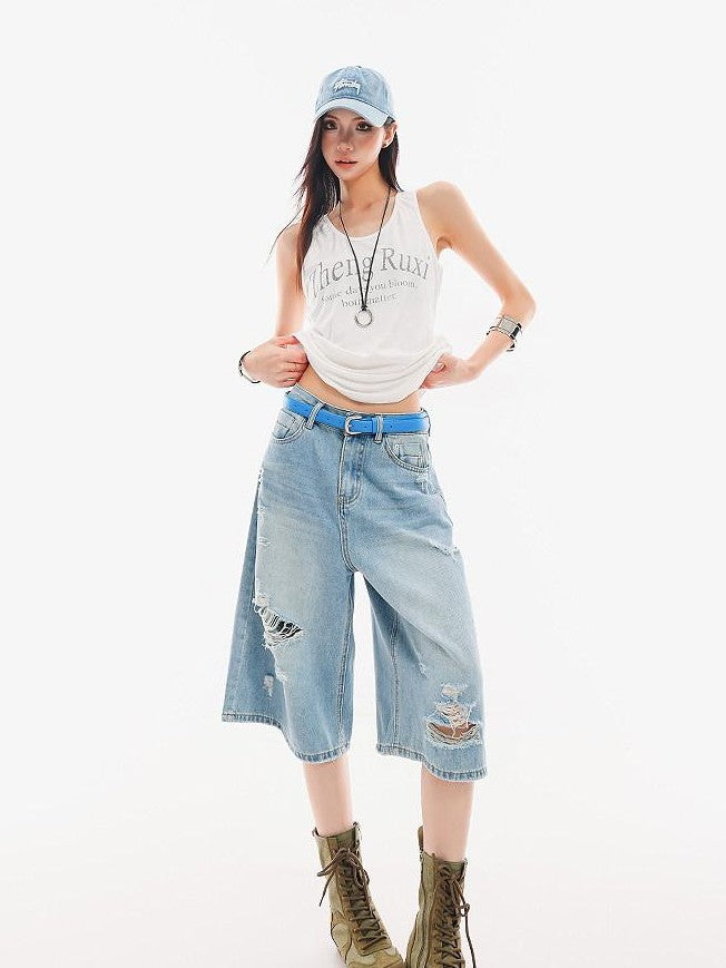 QIUQIU STUDIO Vintage Washed Faded Distressed Fringe Women&