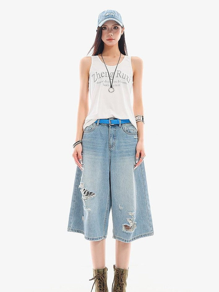 QIUQIU STUDIO Vintage Washed Faded Distressed Fringe Women&
