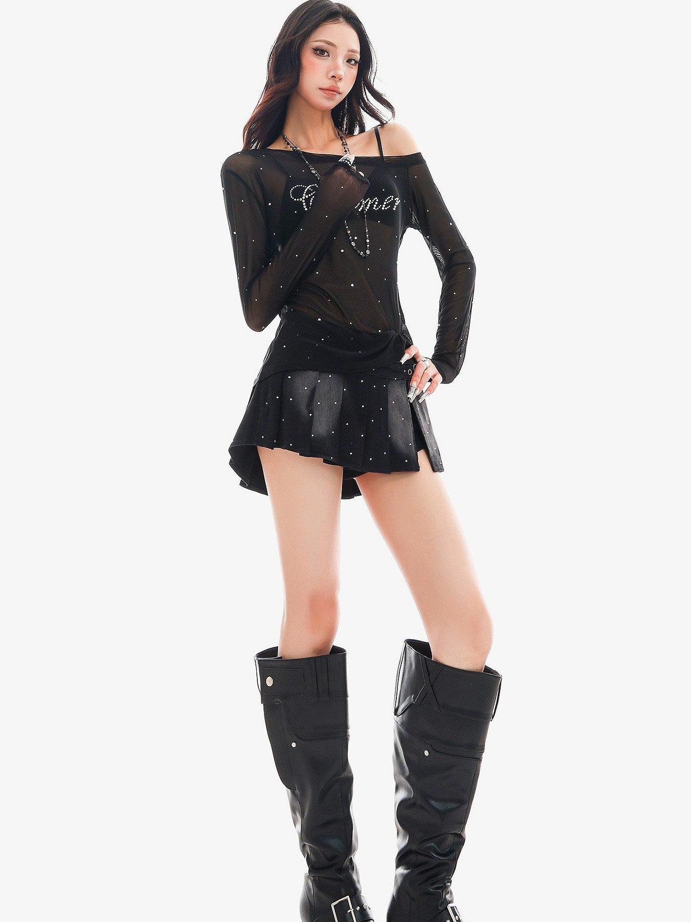 QIUQIU STUDIO Vintage Washed Faded Rhinestone A Line Women&