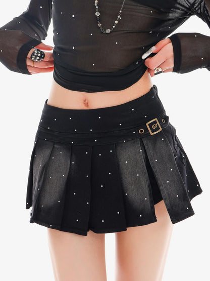 QIUQIU STUDIO Vintage Washed Faded Rhinestone A Line Women&