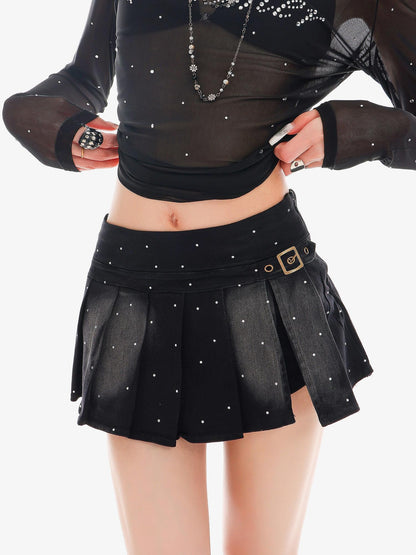 QIUQIU STUDIO Vintage Washed Faded Rhinestone A Line Women&