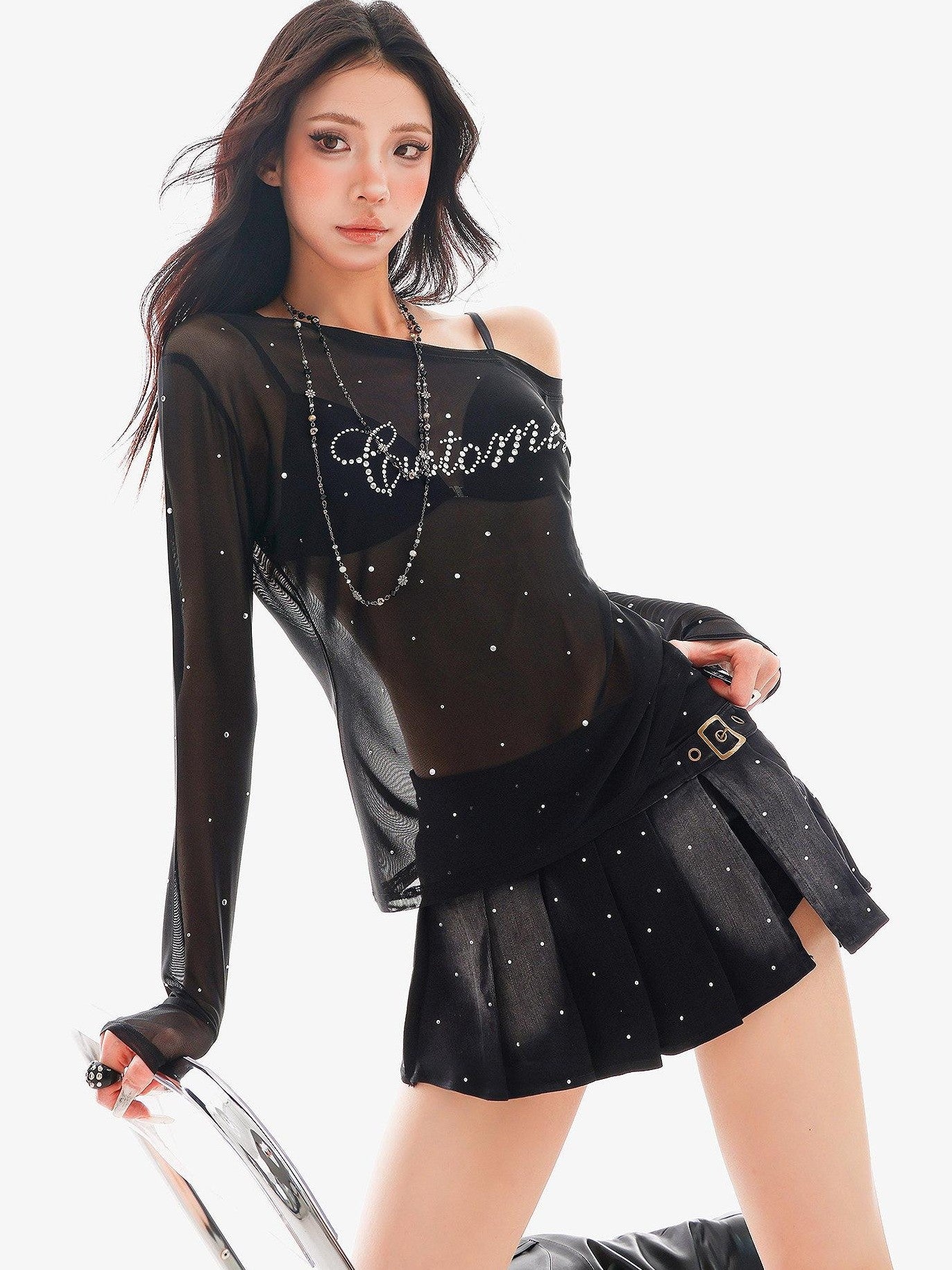 QIUQIU STUDIO Vintage Washed Faded Rhinestone A Line Women&