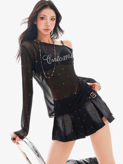 QIUQIU STUDIO Vintage Washed Faded Rhinestone A Line Women&